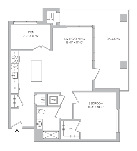 Floorplan of a 1bedroom 1bath apartment with a den and wraparound balcony